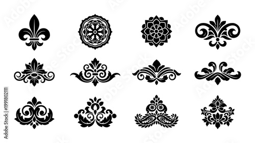 Vintage damask floral ornaments set, 12 black fleur de lis and baroque vector elements, elegant royal scroll motifs for luxury branding and wedding invitations