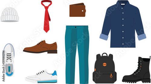 Vector Set of Men's Fashion Clothing and Accessories Including Shoes, Shirt, Pants, Backpack, Tie, and Wallet for Apparel, Outfit, and Style Designs