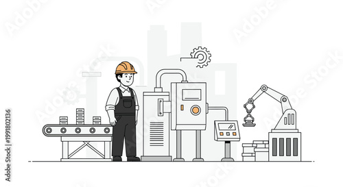 A skilled factory operator in a hard hat and overalls stands proudly beside automated conveyor belts and robotic arms in a modern industrial facility.