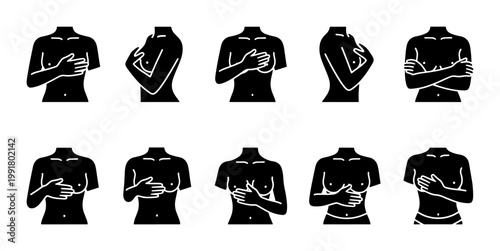 Breast self-examination icons set, 10 medical vector elements for cancer awareness, female health screening and diagnostic procedure illustrations