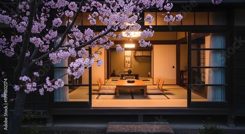 Traditional japanese interior with cherry blossoms and open doors