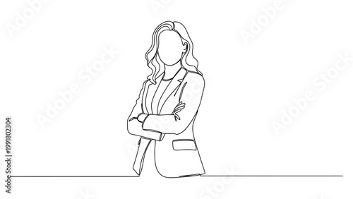 Continuous line drawing of a professional business woman standing with arms crossed.