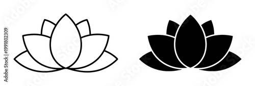 Minimalist lotus flower vector icons, black outline and solid silhouette water lily symbols, zen yoga and wellness branding elements