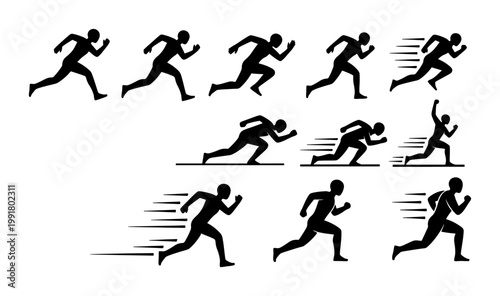 Running man silhouette icons set, sprinting athlete motion sequence, black vector figures in fast movement, sports and fitness activity symbols