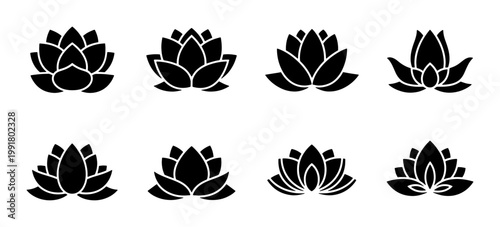 Minimalist lotus flower icons, set of 8 black floral silhouettes, zen lily blossom vector graphics for yoga and wellness branding