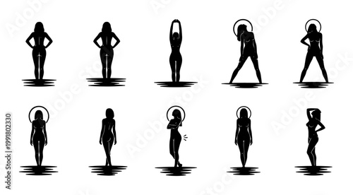 Minimalist female silhouette vector set, 10 black woman body icons, elegant fashion model poses, athletic feminine figure silhouettes for logo design