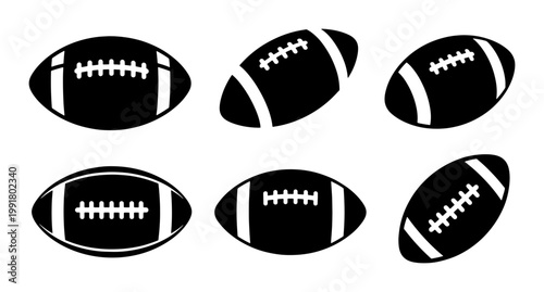American football ball icons set, black minimalist sports equipment silhouettes, 6 vector football elements for athletic branding and game design