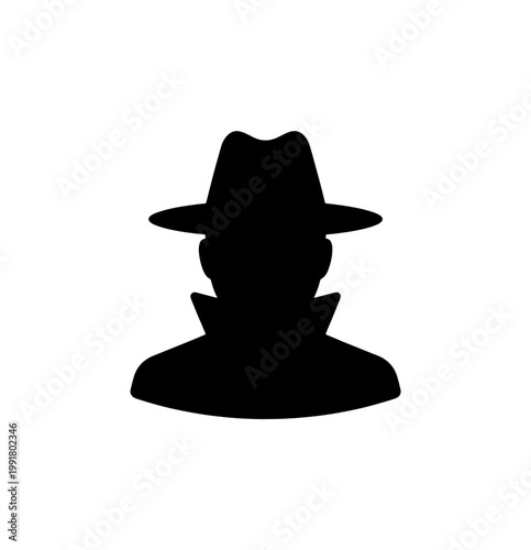 Mysterious spy silhouette wearing fedora hat and trench coat, anonymous detective avatar icon, secret agent character vector on white background