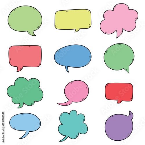 Hand-drawn cartoon set of colored speech bubbles on a white background.