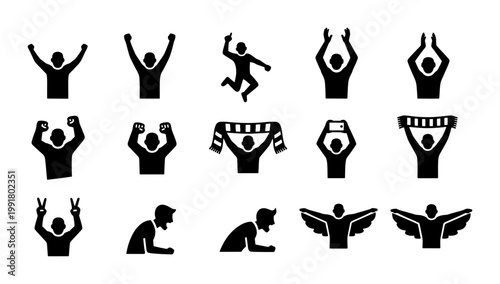 Sports fan silhouette icons set, cheering crowd and stadium audience vector elements, 15 black people symbols for football and soccer events