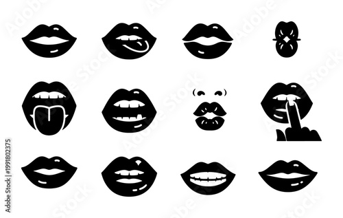 Minimalist black lips icon set, female mouth silhouettes with various expressions, 12 vector lip shapes for beauty and fashion branding
