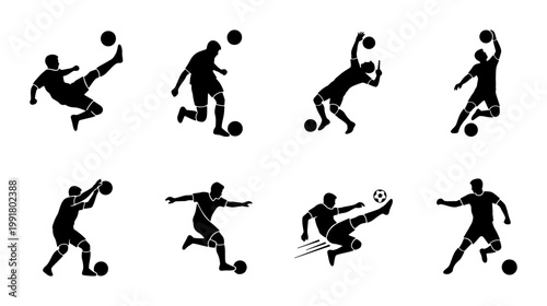 Soccer player silhouettes set, professional football athlete action poses vector, 8 sports icons for tournament branding and team logos