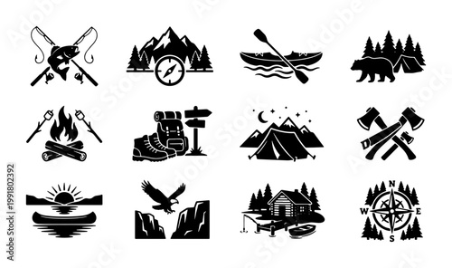 Vintage camping icons set, outdoor adventure black silhouettes, 12 nature exploration vector elements, wilderness hiking and fishing symbols