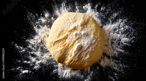 Ball of dough dusted with flour on dark background