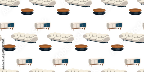 Selective focus. Seamless pattern with sofa bookshelf and table
