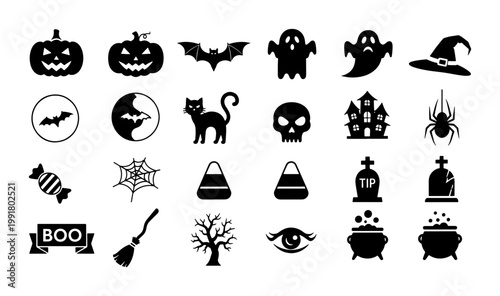 Halloween silhouette icon set with 24 black vector elements, spooky holiday symbols collection, flat pumpkin and ghost graphics for seasonal design