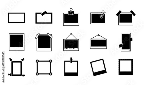 Minimalist photo frame icons set, black and white instant film borders, 15 vector picture frames with tape and clips for scrapbooking and moodboards
