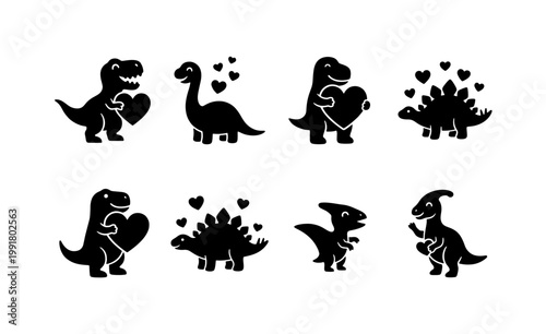 Cute dinosaur silhouettes with hearts set, 8 black vector icons of prehistoric animals, romantic dino characters for Valentine's Day and kids decor