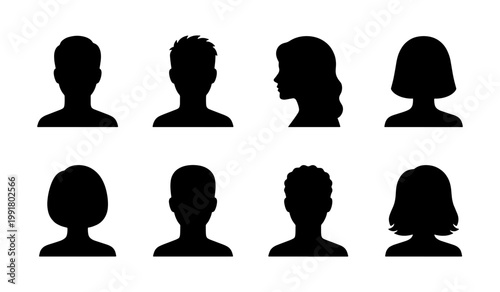 Minimalist profile avatar silhouettes, set of 8 diverse human head icons, black vector user placeholders for social media and web interface design