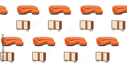 Selective focus. Seamless pattern with orange sofa and cabinet