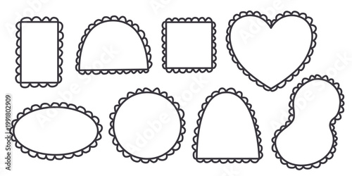 Hand drawn ink frame with naive fringe. Set of square, oval, circle, rectangle, heart shapes in doodle style. Cute rustic childrens blank templates, vector graphics