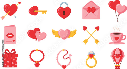 Vector Set of Valentine’s Day Icons Including Hearts, Gifts, Balloons, Cup, and Cupid for Romantic, Holiday, and Celebration Designs