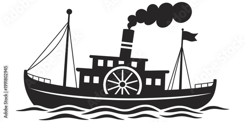 Steamboat silhouette illustration, paddlewheel vessel artwork, classic river transport design concept scene, industrial era engineering representation, flat vector illustration