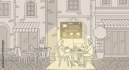 Line drawing of a couple dining outside a cafe with another patron sitting alone at a nearby table on a cobblestone street