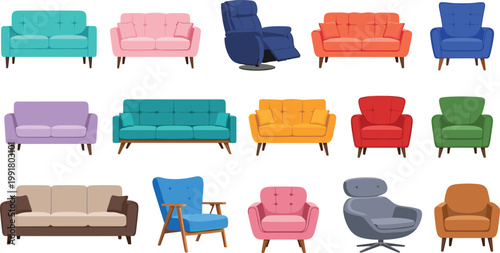 Vector Set of Colorful Sofas and Armchairs in Various Styles for Home, Furniture, and Interior Design Projects