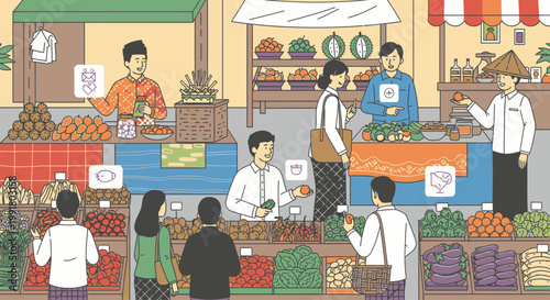 Illustration of people shopping and selling various fruits and vegetables at a bustling outdoor market with colorful stalls and a lively atmosphere.