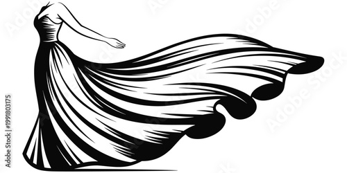 Stylized flowing gown fashion illustration, elegant dress artwork, abstract design vector, graceful motion composition, creative fashion silhouette illustration