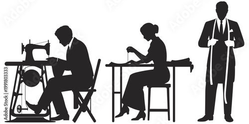 Tailoring silhouette illustration, garment making craftsmanship artwork, sewing design concept scene, fashion measurement representation, textile work process, flat vector illustration