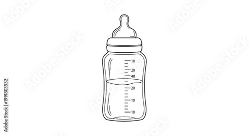 Baby bottle with liquid, line drawing illustration