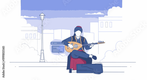 Illustration of a musician playing an acoustic guitar on a city street with a suitcase and lamp post in the background.