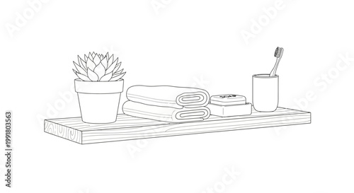 Bathroom shelf with plant, towels, soap, and toothbrush illustration