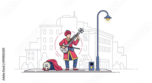 Illustration of a musician playing a guitar on a city sidewalk with a homeless person, against a gray urban background with a streetlight.