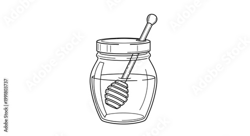 Jar of honey with dipper - line art illustration