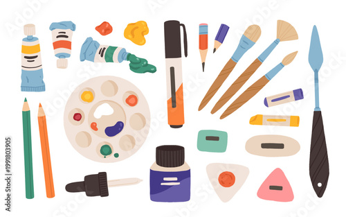 Art supplies and school tools set with paint tubes, palette, brushes, pencils, markers, ink bottle and palette knife. Flat vector illustration of creative drawing and back to school items