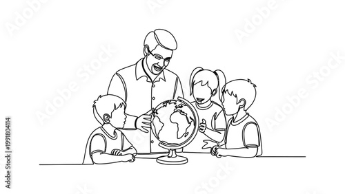 Teacher and students studying a world globe in classroom.