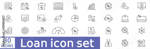  Loan icon set. Money related line icons credit, mortgage, savings, borrow, lender, credit rating, leasing, calculator, income, banking and more. Editable stroke.