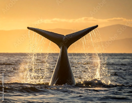 A whale's tail breaches the water, shimmering droplets against a golden sunset and distant mountains