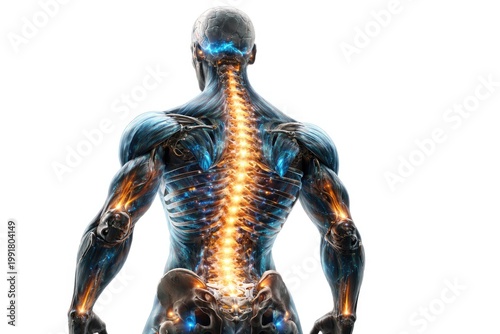 Detailed 3D illustration of human back anatomy highlighting spine, muscles, and neural pathways with glowing nerves, representing musculoskeletal system, nervous system, and body function