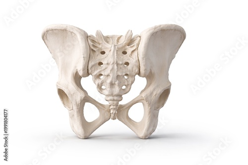 Detailed human pelvis skeleton illustration showing sacrum, ilium, ischaemic, and pubis bones from a front view for medical and anatomical reference