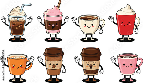 Vector Set of Cute Coffee and Ice Cream Cups with Smiling Faces for Beverage, Food, and Fun Designs
