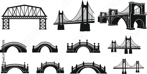 Bridge silhouette collection showcasing suspension, arch and decorative pedestrian bridge designs isolated on white background for architecture and infrastructure concepts