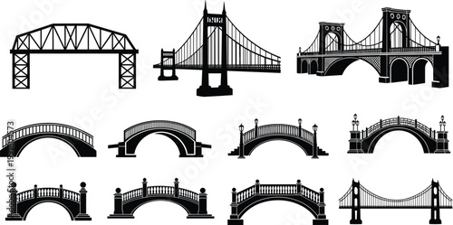 Collection of bridge silhouettes featuring various architectural styles including arch, suspension and pedestrian bridges isolated on white background illustration