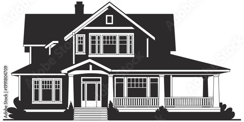 Two‑story traditional house architectural illustration, residential home artwork, colonial design vector, modern exterior composition, real estate housing elevation illustration