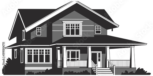 Two‑story craftsman house architectural illustration, residential home artwork, porch design vector, traditional exterior composition, real estate housing elevation illustration