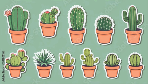 Set of cartoon cactus vector in pot, sticker with outline element.



