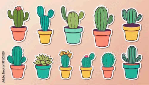Set of cartoon cactus vector in pot, sticker with outline element.



